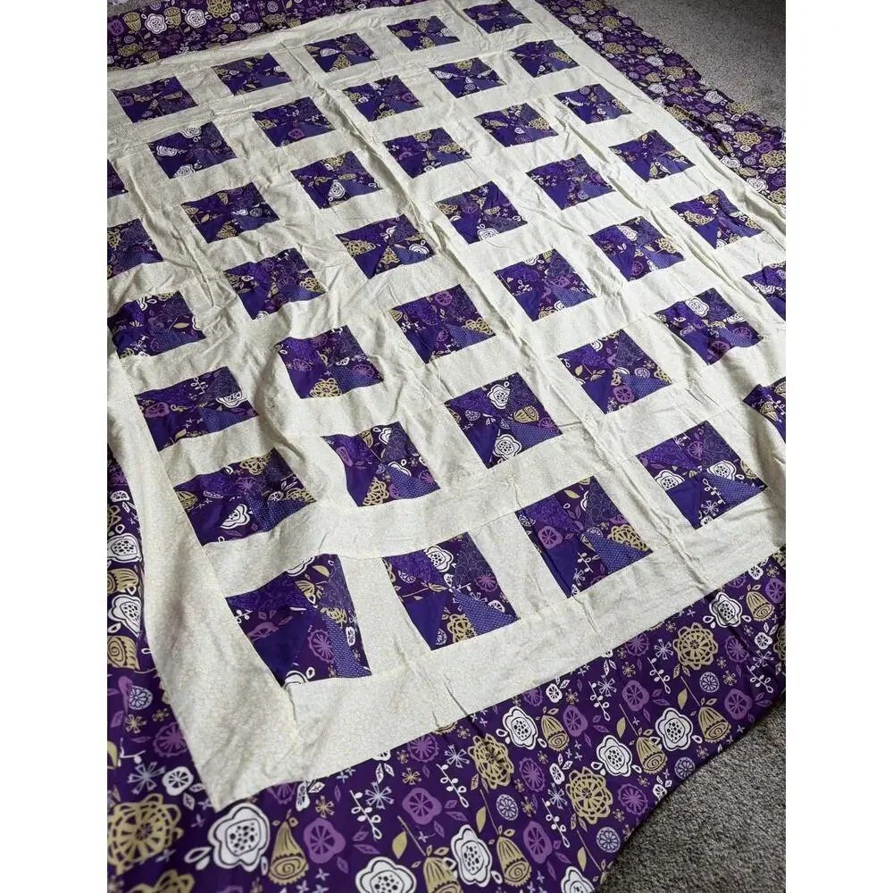 Quilt Top Topper Purple Yellow Patchwork Floral Square Blanket 80 X 71.5in